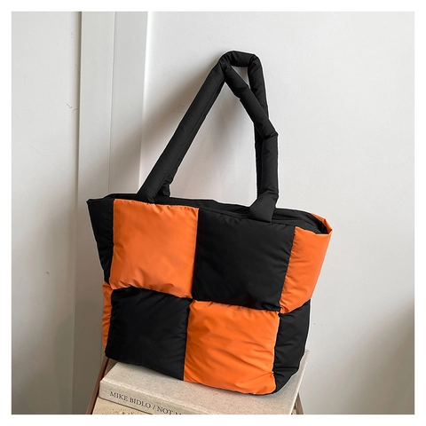 Mode Schaakbord Gewatteerde Tote Bag Puffy Nylon Schoudertas Grote Capaciteit Kleurblok Handtas Voor Dames Dagelijkse Tas