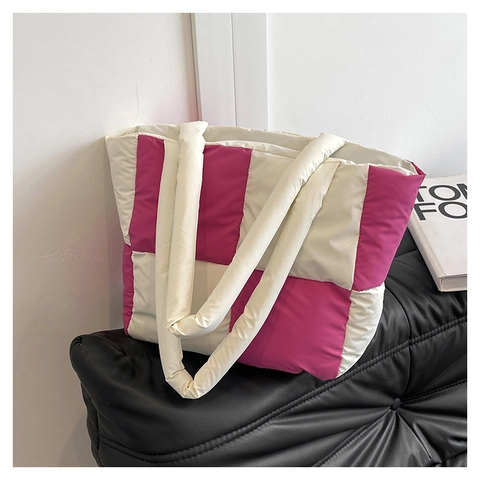Mode Schaakbord Gewatteerde Tote Bag Puffy Nylon Schoudertas Grote Capaciteit Kleurblok Handtas Voor Dames Dagelijkse Tas