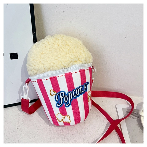 Kreative Umhängetasche in Popcorn Form Für Damen Süße Gestreifte Plüsch Schultertasche Mit Verstellbarem Riemen Neuheit Handtasche