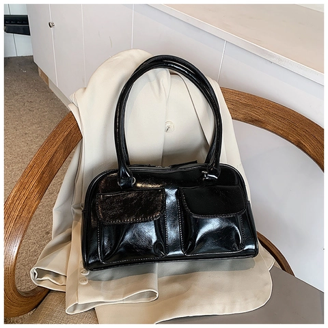 Women Urban Minimalist Glossy PU Leather Shoulder Bag Vintage Double Front Pocket Underarm Bag Solid Color Commuter Handbag