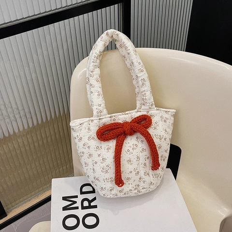 Borsa a Spalla da Donna in Cotone Trapuntato Grande Fiocco in Maglia Versatile Pois Orso Motivo Floreale Borsa Tote Moda