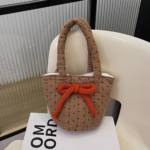 Borsa a Spalla da Donna in Cotone Trapuntato Grande Fiocco in Maglia Versatile Pois Orso Motivo Floreale Borsa Tote Moda