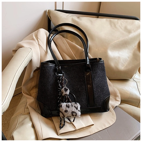Damen Mode Wolltweed Spleißen PU Leder Tote Bag Große Kapazität Umhängetasche Mit Leoparden Anhänger Für Alltag Büro