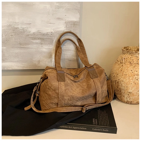 Women Vintage Washed PU Leather Shoulder Bag Large Capacity Solid Color Casual Tote Crossbody Bag Fashion Travel Handbag