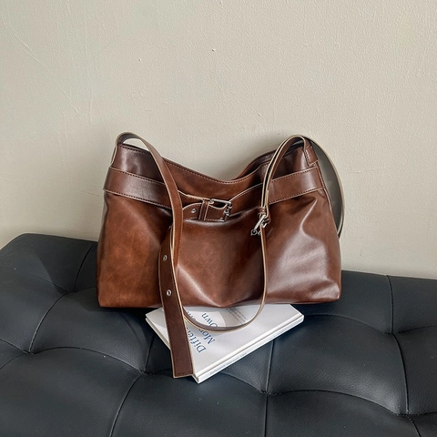 2024 Borsa a Spalla da Donna in Pelle PU Retro Grande Capacità Urbano Semplice Tote Con Fibbia in Metallo Tracolla Regolabile
