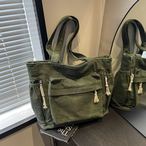 Women Vintage Corduroy Tote Bag Large Capacity Shoulder Bag Solid Color Multi Pocket Handbag With Cotton Rope Puller