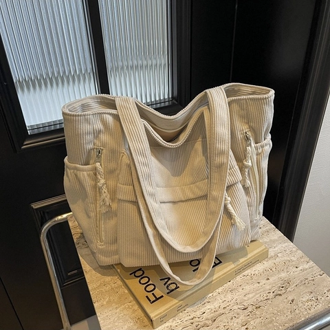 Women Vintage Corduroy Tote Bag Large Capacity Shoulder Bag Solid Color Multi Pocket Handbag With Cotton Rope Puller