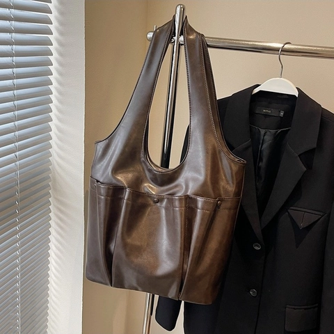 Borsa a Spalla da Donna Grande Capacità in Pelle PU Moda Autunno Multitasche Tote Bag Casual Versatile Minimalista a Mano