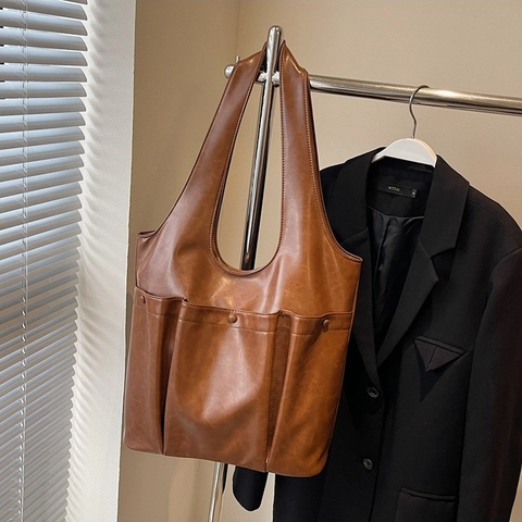Borsa a Spalla da Donna Grande Capacità in Pelle PU Moda Autunno Multitasche Tote Bag Casual Versatile Minimalista a Mano
