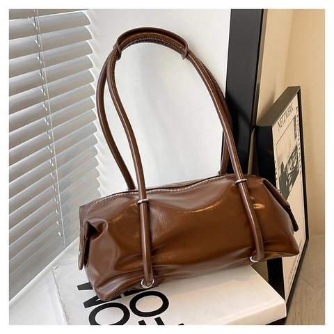 Borsa Boston da Donna in Pelle PU Moda Retrò Lucida a Botte Borsa a Tracolla Grande Capacità Borsa a Mano Urbana Semplice Sottobraccio
