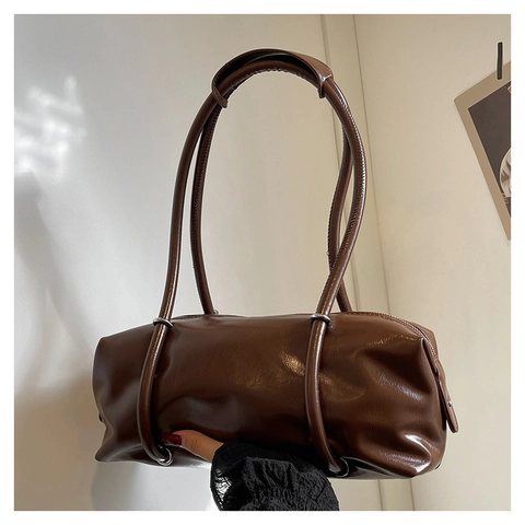 Borsa Boston da Donna in Pelle PU Moda Retrò Lucida a Botte Borsa a Tracolla Grande Capacità Borsa a Mano Urbana Semplice Sottobraccio