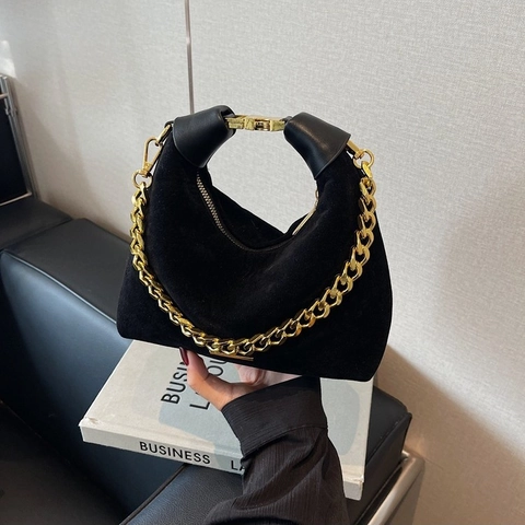 Borsa Hobo da Donna in Scamosciato Minimalista Borsa a Tracolla Con Decorazione a Catena Oro Retro Borsa Sottobraccio Mezzaluna