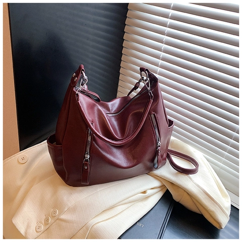 Bolso de Hombro Hobo de Cuero PU de Gran Capacidad para Mujer Vintage Color Sólido Multi Cremallera Bolso Mensajero para Diario