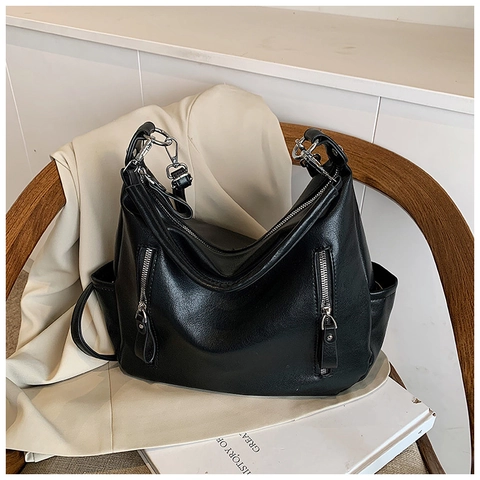 Bolso de Hombro Hobo de Cuero PU de Gran Capacidad para Mujer Vintage Color Sólido Multi Cremallera Bolso Mensajero para Diario