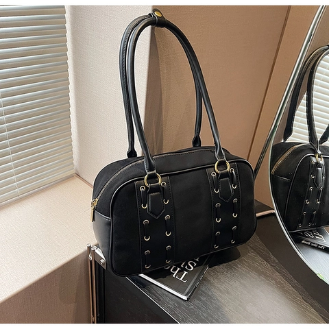 Borsa a Spalla Donna Retro PU Scamosciato Patchwork Grande Capacità Borsa Tote Urban Simplicity Borsetta Con Occhielli in Metallo Chiusura a Cerniera