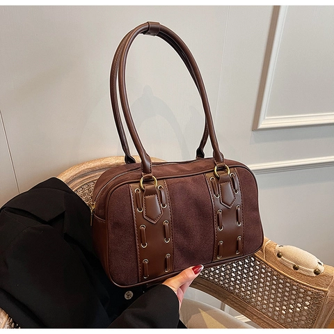 Borsa a Spalla Donna Retro PU Scamosciato Patchwork Grande Capacità Borsa Tote Urban Simplicity Borsetta Con Occhielli in Metallo Chiusura a Cerniera
