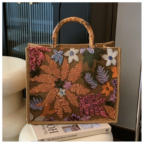 Bolso Tote de Yute con Bordado Floral de Lentejuelas Asa de Bambú Natural Gran Capacidad Vintage Étnico para Mujer