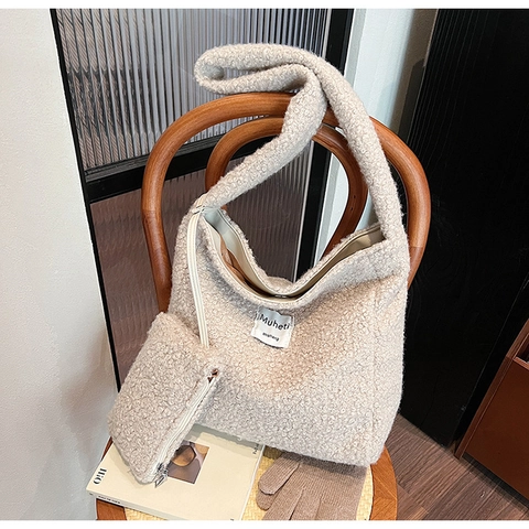 Fashion Plush Faux Shearling Large Capacity Shoulder Bag With Sub-bag Minimalist Winter Warm Solid Color Tote For Women