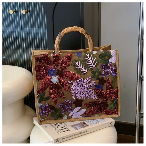Bolso Tote de Yute con Bordado Floral de Lentejuelas Asa de Bambú Natural Gran Capacidad Vintage Étnico para Mujer