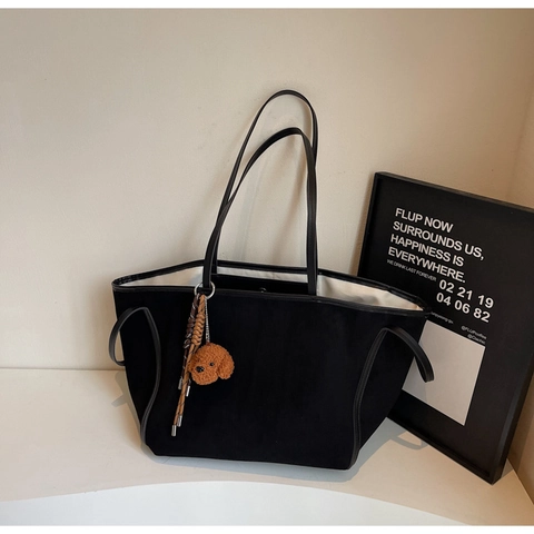 Dames Grote Capaciteit PU Leer Tote Bag Minimalistisch Gematteerde Textuur Schoudertas Met Plüsch Honden Hanger Mode Handtas