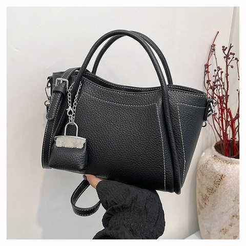 Borsa a Spalla da Donna in Pelle PU con Motivo Litchi Cuciture a Contrasto Borsa a Mano Con Pendente Mini Borsa Versatile