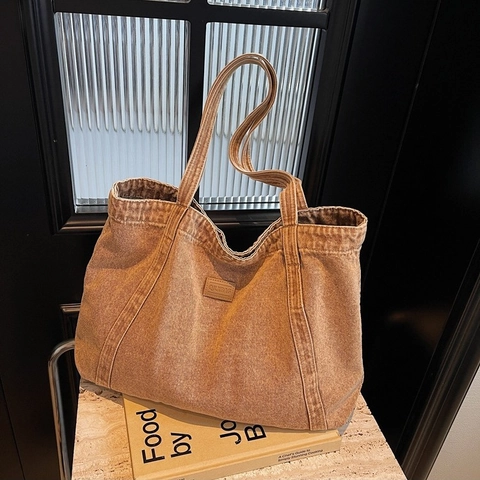 Vintage Washed Denim Tote Bag Large Capacity Shoulder Handbag For Women Daily Casual Bag With Leather Patch Solid Color