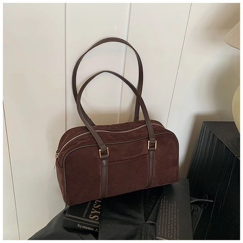 Bolso de Hombro Retro de PU Gamuza para Mujer Mate Estilo Boston Bowling Con Cremallera Costuras Gran Capacidad Moda