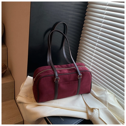 Bolso de Hombro Retro de PU Gamuza para Mujer Mate Estilo Boston Bowling Con Cremallera Costuras Gran Capacidad Moda