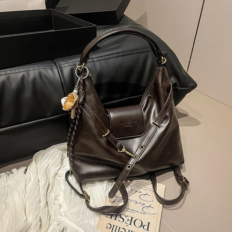 Bolso de Hombro de Cuero PU de Gran Capacidad para Mujer Bolso Tote Vintage Con Colgante de Béisbol Bolso Conmutador Negro Marrón