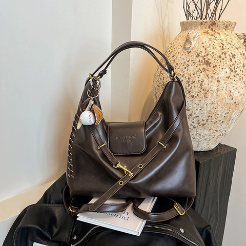 Bolso de Hombro de Cuero PU de Gran Capacidad para Mujer Bolso Tote Vintage Con Colgante de Béisbol Bolso Conmutador Negro Marrón