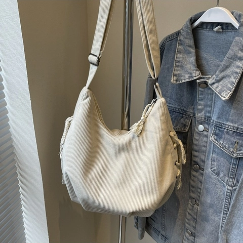 Damen Cord Große Hobo Bag Vintage Minimalistische Schulter Umhängetasche Mit Geflochtenem Kordelzug Alltag Handtasche