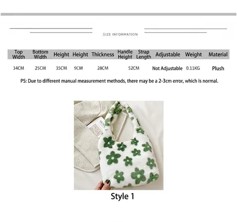 Borsa Tote in Peluche da Donna Stampa Floreale Verde Fresco Borsa a Mano in Pelliccia Sintetica Morbida Invernale Casual Grande Capacità Borsa a Tracolla