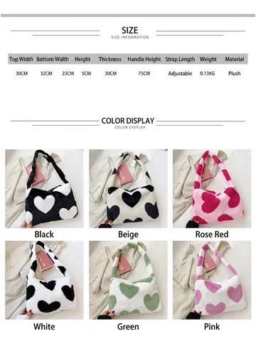 Lussuosa Borsa a Tracolla in Peluche con Motivo a Cuore per Donna Stile Dolce e Fresco Borsa a Mano in Pelliccia Sintetica