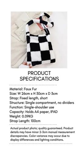 Bolso Tote de Peluche de Tablero de Ajedrez para Mujer Bolso de Hombro de Piel Sintética Bolso de Mano Suave y Esponjoso