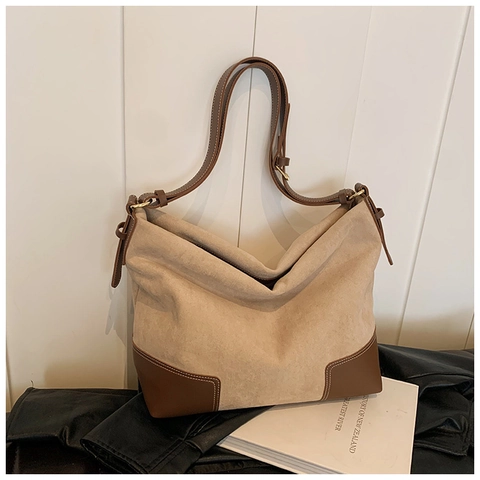 Borsa a Spalla da Donna Grande Capacità in PU Smerigliato Scamosciato Retro Patchwork Tote Hobo Bag Con Tracolla Regolabile