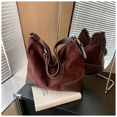 Borsa a Spalla da Donna Grande Capacità in PU Smerigliato Scamosciato Retro Patchwork Tote Hobo Bag Con Tracolla Regolabile