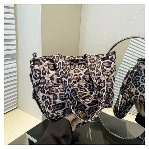 Vintage Leopardenmuster Tote Bag Damen Canvas Große Kapazität Schulter Umhängetasche Mode Herbst Winter Pendeln Handtasche