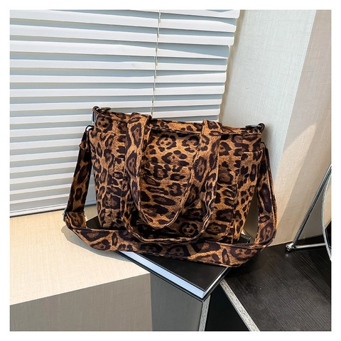 Vintage Leopardenmuster Tote Bag Damen Canvas Große Kapazität Schulter Umhängetasche Mode Herbst Winter Pendeln Handtasche
