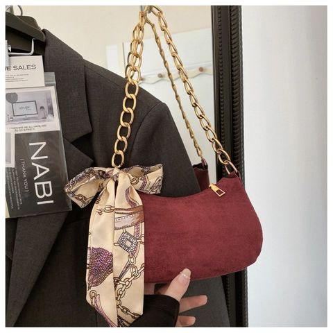 Vintage Dames PU Leer Hobo Okseltas Goud Metalen Ketting Bedrukte Satijnen Sjaal Decoratie Casual Schoudertas