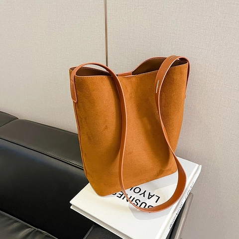 Minimalist Suede Bucket Shoulder Bag For Women Solid Color Large Capacity Adjustable Strap Casual Fashion Tote Handbag