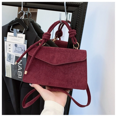 Damen Minimalistisch PU-Leder Wildlederstruktur Umhängetasche Mit Geknotetem Griff Umschlagklappe Quadratische Handtasche