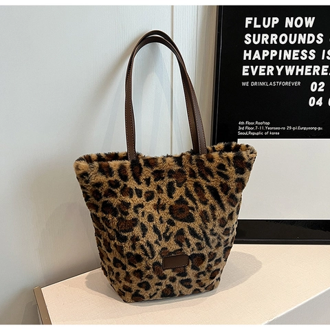Mode Herbst Damen Leopardenmuster Kunstpelz Shopper Tasche Vintage Kariert Plüsch Schultertasche Große Kapazität Handtasche