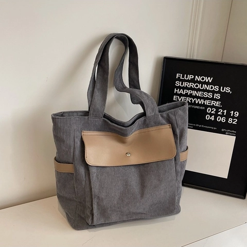 Borsa Tote in Velluto a Coste Vintage per Donna Borsa a Tracolla di Grande Capacità Borsa a Mano Casual Retrò con Tasca