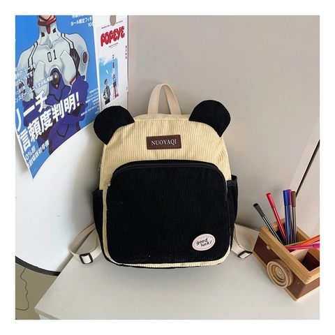 Women Cute Bear Ears Corduroy Backpack Fashion Contrast Color Small Travel Bag For Teenagers Casual School Daypack Bag