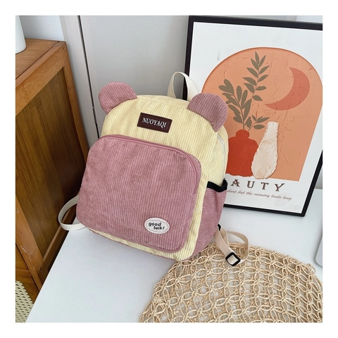Women Cute Bear Ears Corduroy Backpack Fashion Contrast Color Small Travel Bag For Teenagers Casual School Daypack Bag