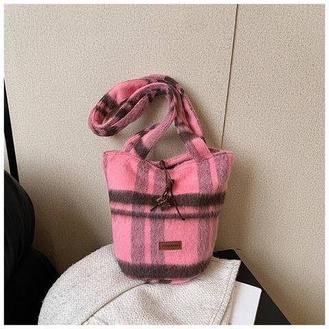 Geruite Gebreide Draagtas Zachte Fleece Schouder Emmer Tas Trekkoord Kleurblok Handtas Voor Vrouwen Casual School Tas