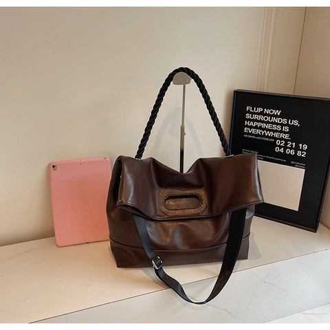 Borsa a Tracolla da Donna in Pelle PU Retro Borsa Tote a Grande Capacità Con Manico Intrecciato Semplice Borsa a Mano