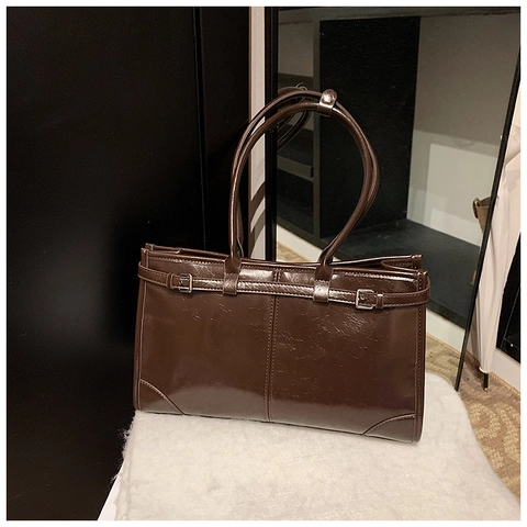 Sac Cabas en Cuir PU Rétro Grande Capacité pour Femmes Fini Ciré Brillant Sac à Épaule pour Déplacement 2024 Mode Automne Sac à Main