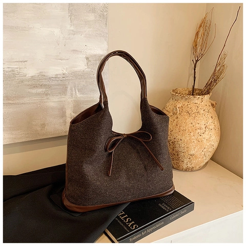 Dames Grote Capaciteit Tote Tas Tweed PU Splitsen Schoudertas Retro Strik Handtas Stedelijk Minimalistische Tas
