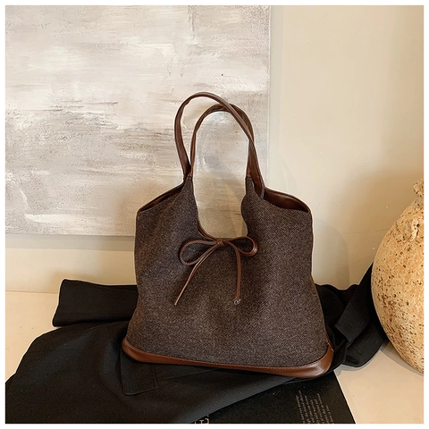 Dames Grote Capaciteit Tote Tas Tweed PU Splitsen Schoudertas Retro Strik Handtas Stedelijk Minimalistische Tas